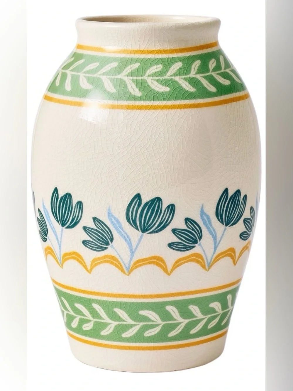 Ceramic Floral Decorative Vase, Cream Green Yellow Blue, Flowers Pattern